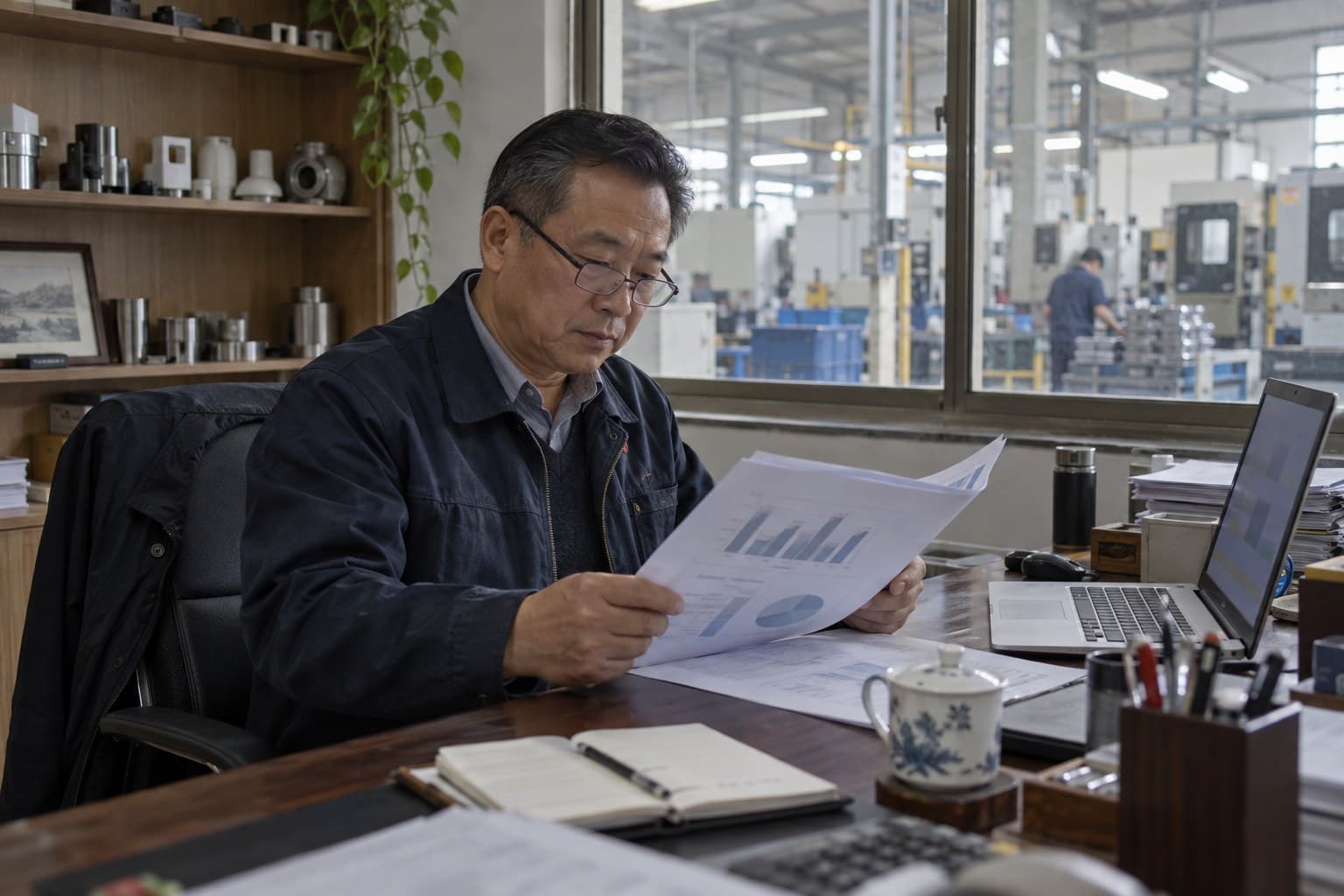 工厂老板在办公室查看月度数据报告