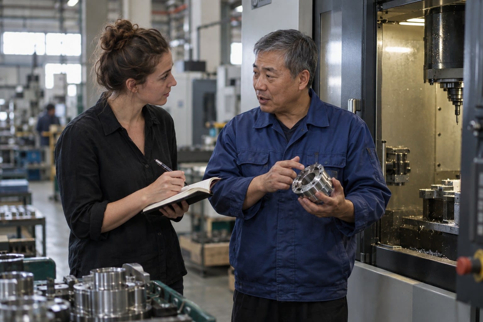 英文文案作者在车间采访工厂工程师